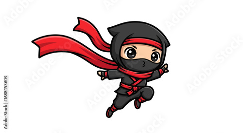 Adorable Chibi Ninja Character in Dynamic Action Pose.