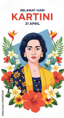Celebrate Kartini Day with vibrant flowers and portrait of Indonesian heroine