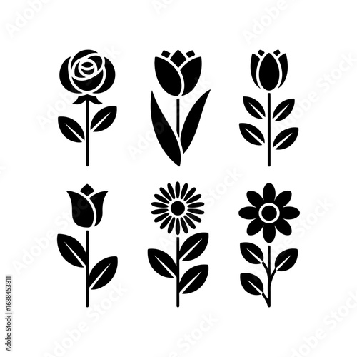 Simple black silhouette flower icons set a collection of stylized blooms including roses tulips and daisies perfect for decorative designs vector