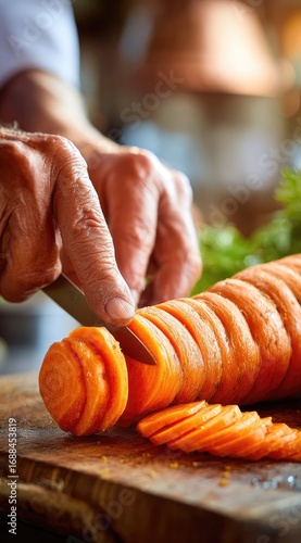 Chef slicing a carrot on a wooden board. Sunlit kitchen background with copper fixtures. The carrot is bright orange and fresh