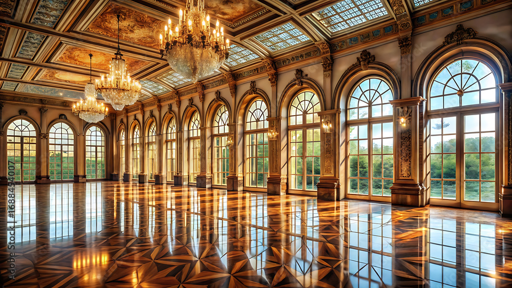 Fototapeta premium Luxury grand ballroom with tall arched windows and chandeliers elegant architectural interior with glamorous luxury style