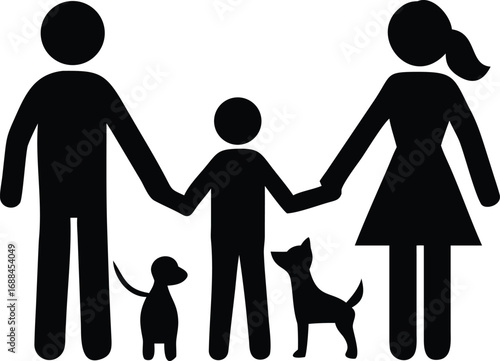 Family silhouette with two dogs isolated on transparent background