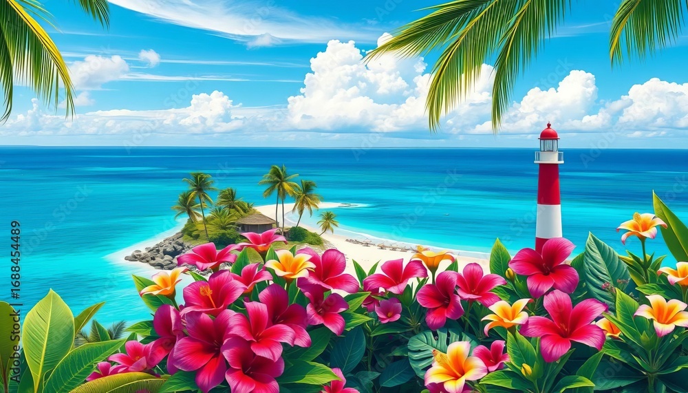 Vibrant tropical beach panorama with lighthouse & blooming flowers, seamless horizontal vector illustration, travel, paradise