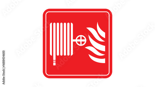 Vector illustration of a red fire hose reel safety sign, an emergency equipment symbol for fire fighting isolated on a white background