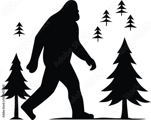 Silhouette of bigfoot walking through a forest isolated on transparent background