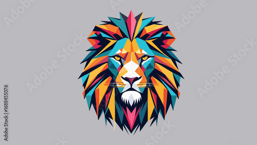 Stylized geometric lion head illustration featuring vibrant colors and angular shapes