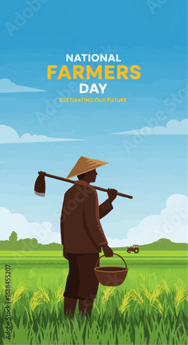 Farmer with hoe and basket walks through vibrant green field, tractor in distance, celebrating National Farmers Day