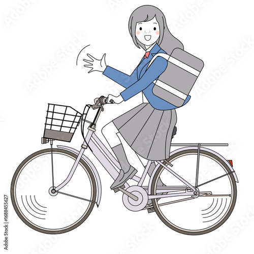 手を振りながら自転車に乗る女子高校生