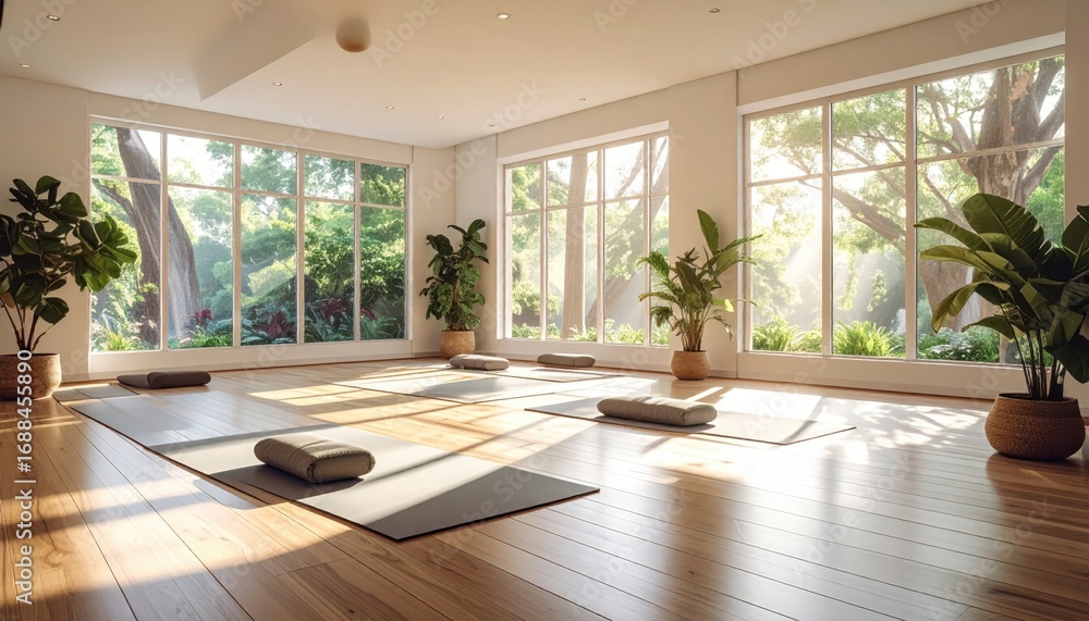 Fototapeta premium Spacious yoga bathed in natural light, showcasing a serene and tranquil atmosphere.