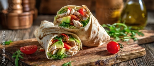 The chicken wrap on a rustic wooden board with fresh vegetables and olive oil