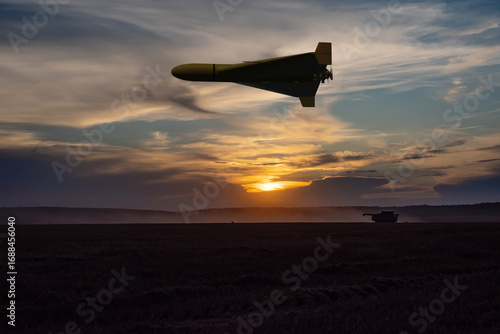 Принти на полотні A military drone flies over a field in the rays of the setting sun