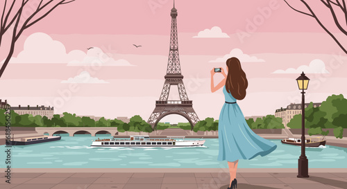 Paris travel scene with woman capturing iconic eiffel tower view in spring