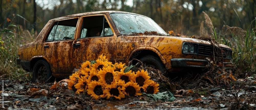 Fototapeta premium Sunflowers and Abandoned Rusty Car in Autumn