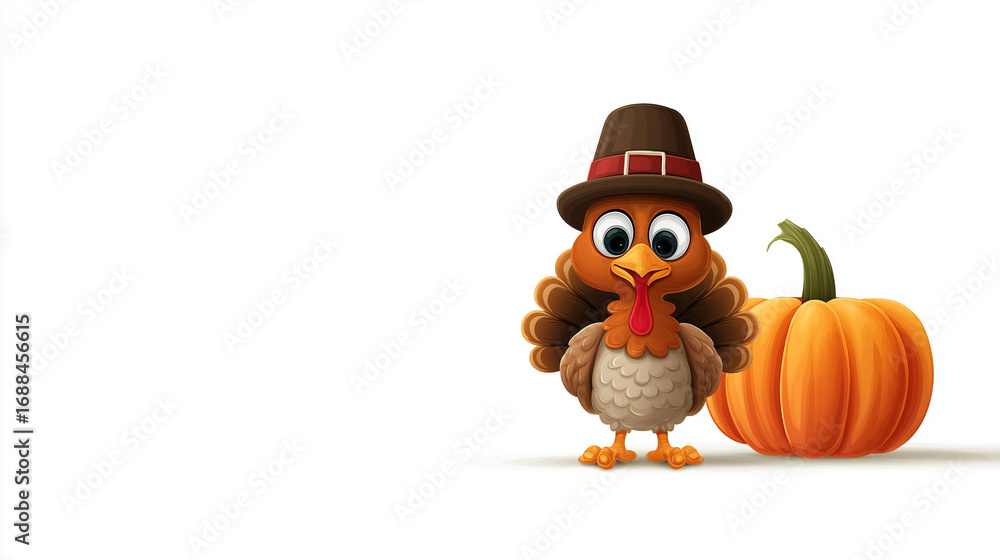 Fototapeta premium Thanksgiving Turkey and Pumpkin: An adorable cartoon turkey, adorned with a pilgrim hat, stands beside a vibrant orange pumpkin, heralding the spirit of Thanksgiving.