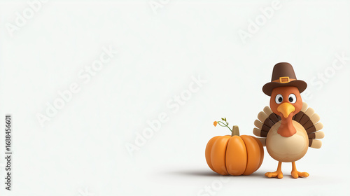 Thanksgiving Turkey and Pumpkin: A whimsical, digitally rendered turkey, complete with a pilgrim hat, stands proudly next to a vibrant pumpkin, ready to celebrate the spirit of Thanksgiving.
