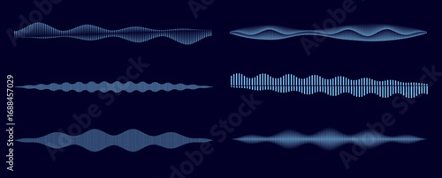 A set of abstract waveform gradient pattern - wavelength and frequency, vector design on blue background.