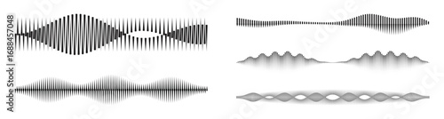 Set of sound waveforms and audio signals on white background, illustrating different frequencies, amplitudes, and patterns.