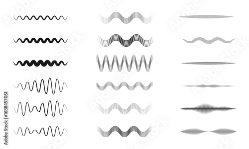 Set of sound waveforms and audio signals on white background, illustrating different frequencies, amplitudes, and patterns.