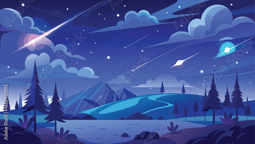 A festive winter night scene with snow-covered trees under a starry sky