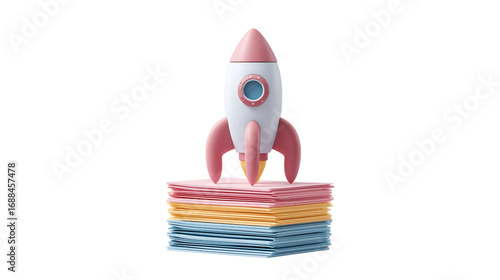 Rocket on Stacked Papers Startup Launch Concept