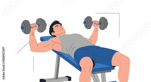 Weightlifting Man Exercising With Dumbbells and Bench Press Exercise Routine