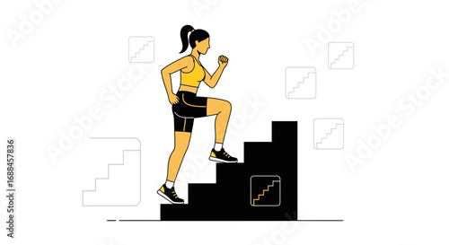 Woman Climbing Up The Steps of Success, Determined, Motivated, Healthy Lifestyle, Fitness Icon