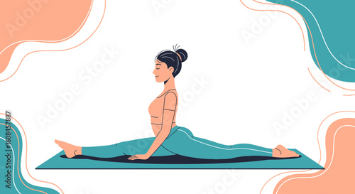 Woman Doing Splits During Yoga Workout Against Abstract Background Of Pastel Colors