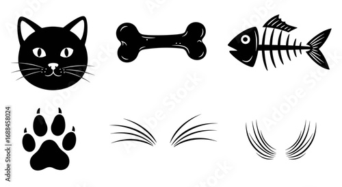 A set of six black and white pet-related icons, including a cat face, a bone, a fish skeleton, a paw print, and whiskers.