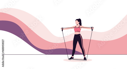Woman Exercising With Resistance Band In Front Of A Colorful Abstract Background