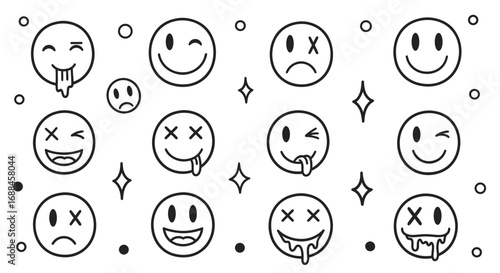 A collection of outline cartoon emojis and smileys depicting various expressions like happy, sad, winking, drooling, and dead, with decorative dots and stars.