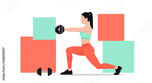 Woman In Exercise Lunge Pose With Dumbbells In Front of Geometric Background