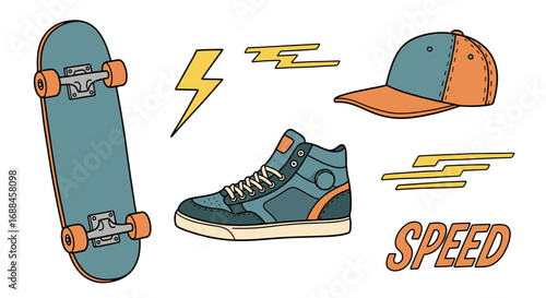 Illustration featuring a skateboard, high-top sneaker, cap, lightning bolt, and the word 'SPEED'.