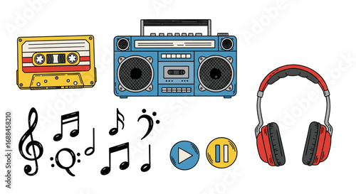Retro music illustration with cassette, boombox, headphones, musical notes, and play/pause buttons.
