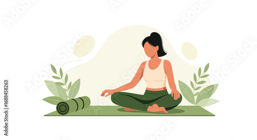 Woman Meditating While Resting on a Yoga Mat with Plants and a Rolled Yoga Mat