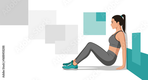 Woman Performing Abdominal Exercise in Front of Modern Abstract Design on a White Background