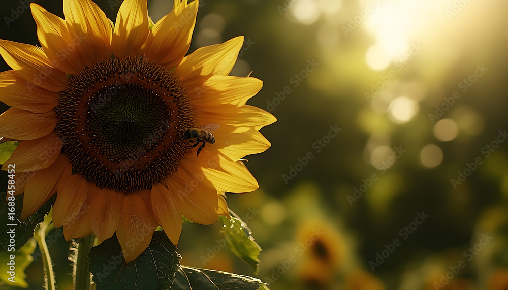 Naklejka premium Honeybee Gathering Nectar from a Golden Sunflower in Warm Sunlig