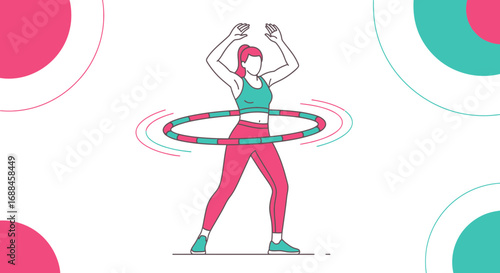 Woman Performing Hula Hoop Exercise Against a White Background With Colorful Decorative Elements