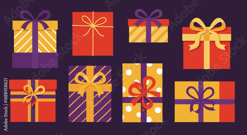 Colorful gift box collection with ribbons on dark background