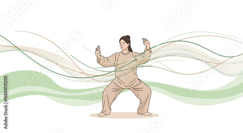 Woman Performing Tai Chi Illustration With Subtle Wavy Background And Serene Aesthetic