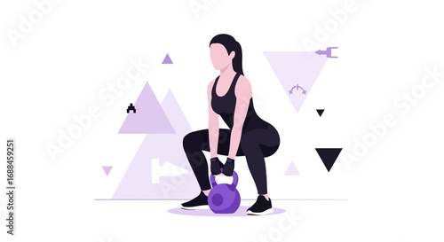 Woman Performs Squat Exercise With Kettlebell Demonstrating Strength Training And Physical Fitness