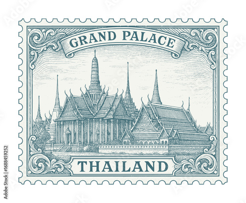 vintage postage stamp depicts grand palace - thailand (sketch drawing)