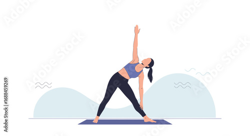 Woman Practices Asana Pose Triangle, Promoting Fitness, Exercises for Health