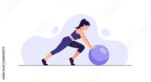 Woman Practices Balance Exercise Using Gym Ball Representing Fitness Goals, Healthy Lifestyle
