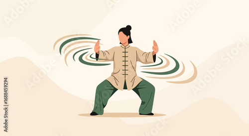Woman Practicing Tai Chi in a Calm Position Depicted with Fluid Energy Waves