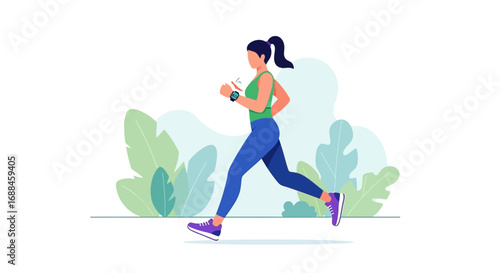 Woman Running Illustrated In Nature, Fitness And Healthy Lifestyle Conceptual Design