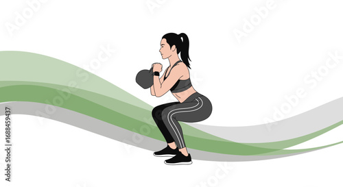 Woman Squatting With Kettlebell, Exercise Equipment and Contemporary Fitness Activity