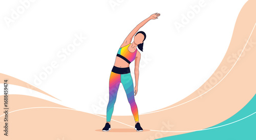 Woman Stretching Her Arm Towards The Sky While In Workout Attire In A Clean Background