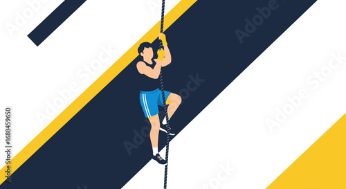 Young Athlete Ascending Rope Against Contrasting Forms, Conceptual Visualisation of Strength