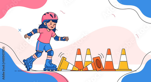 Young Person Rollerblading Around Safety Cones During Protective Sports Activities