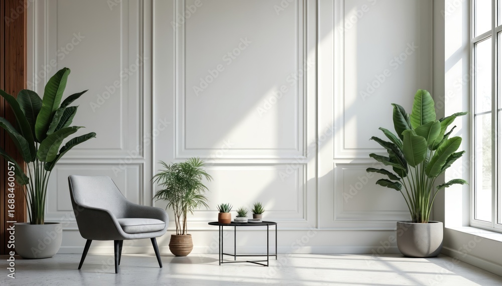 Fototapeta premium Minimalist office interior featuring elegant dark wood furniture, grey armchair, green plants. Soft white walls, large windows with natural light create peaceful, spacious work environment. Small